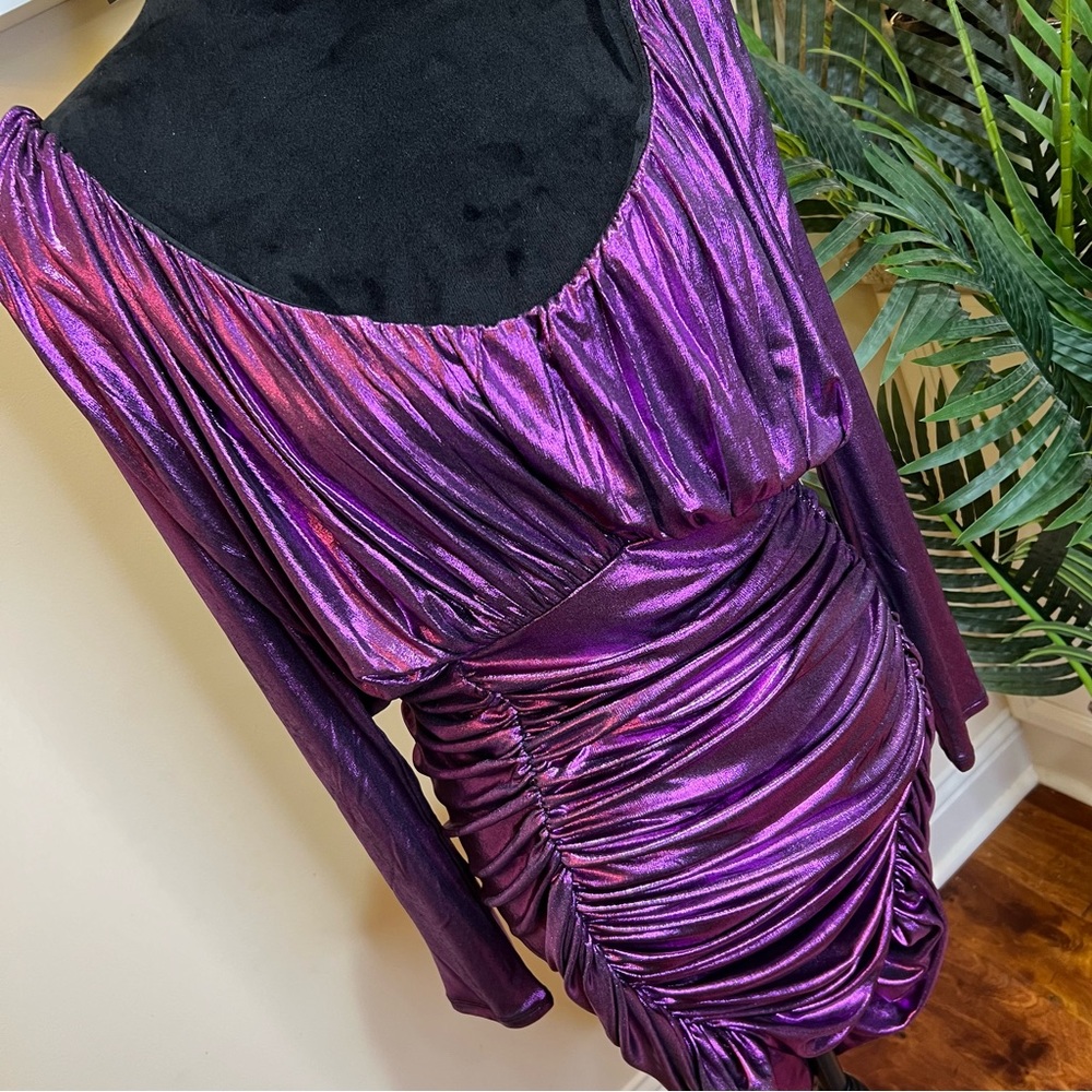 Express Metallic Purple V-Neck Long Sleeve Ruched Mini Sheath Dress Medium - Picture 4 of 9